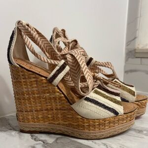 Sam Edelman size 8.5 wedge sandals with beading and lace up straps never worn
